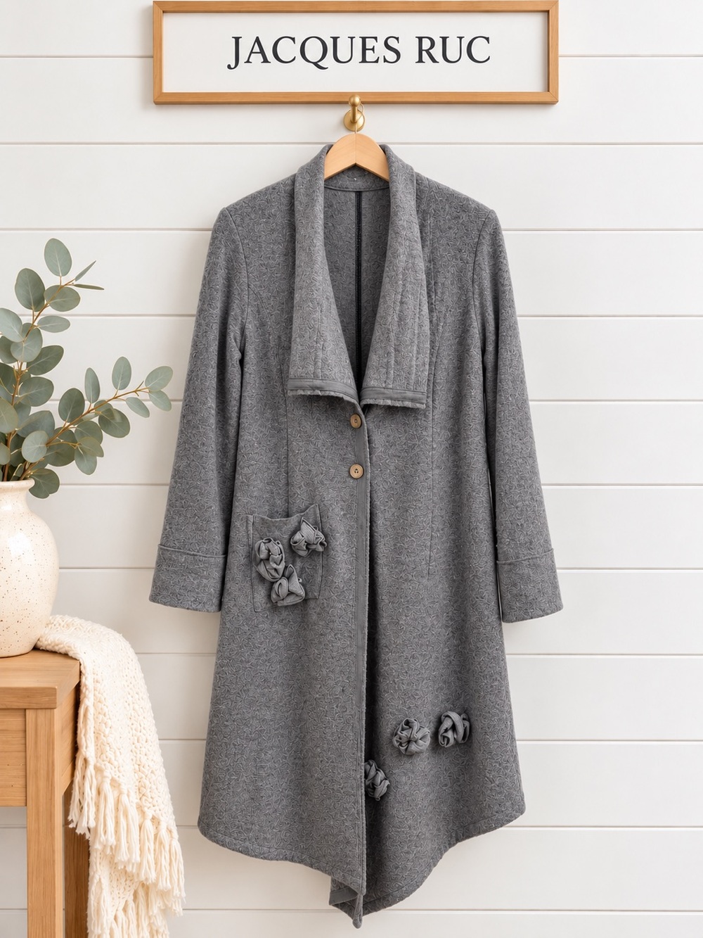 JACQUES RUC – Long Wool & Viscose Coat / Cardigan – Grey – Size 8